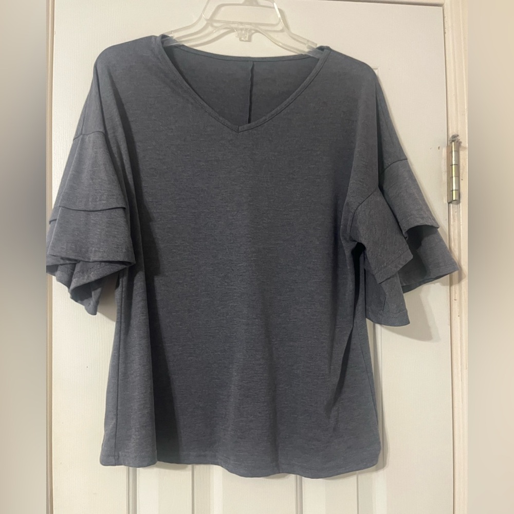 Gray V-Neck Ruffle Sleeve Top